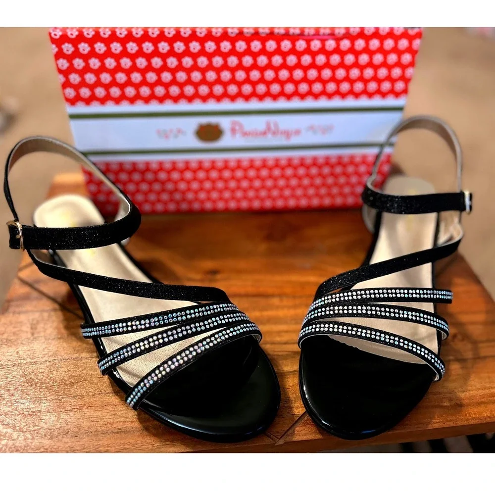 Pandaninija Girls Black Glitter Rhinestone Low Heel Sandals Size‎ 6 NWB